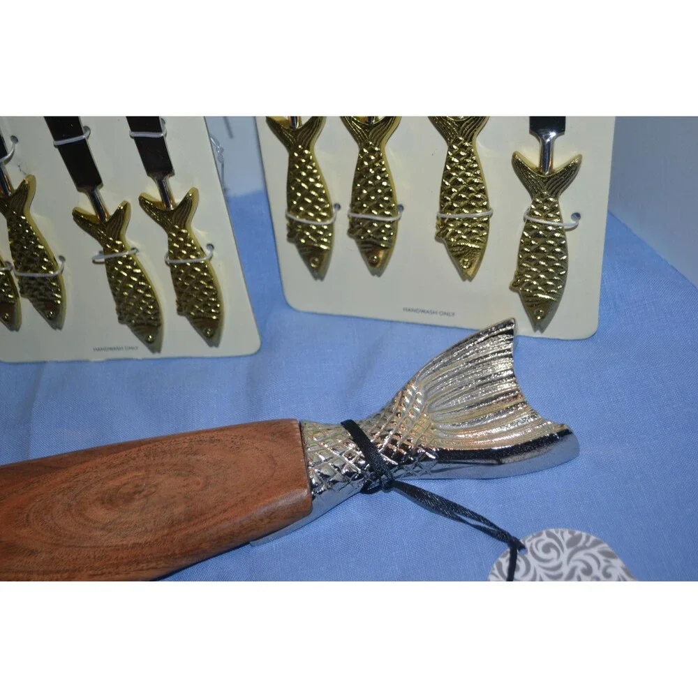 Metal Fish Spoons and Spreaders with Wood Fish Serving Board